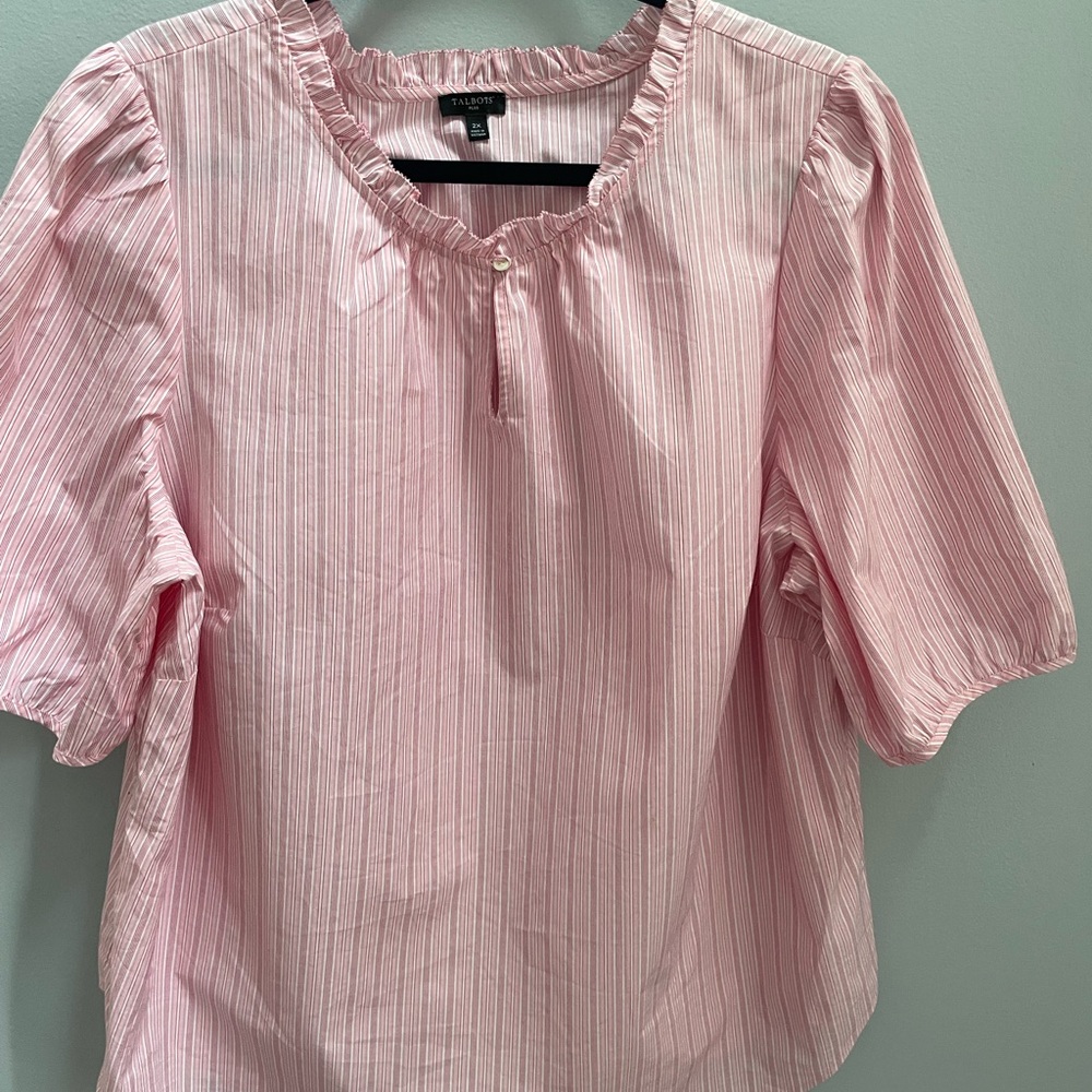Talbots Pink Striped Ruffle Blouse Short Sleeve size 2x  NWOT
